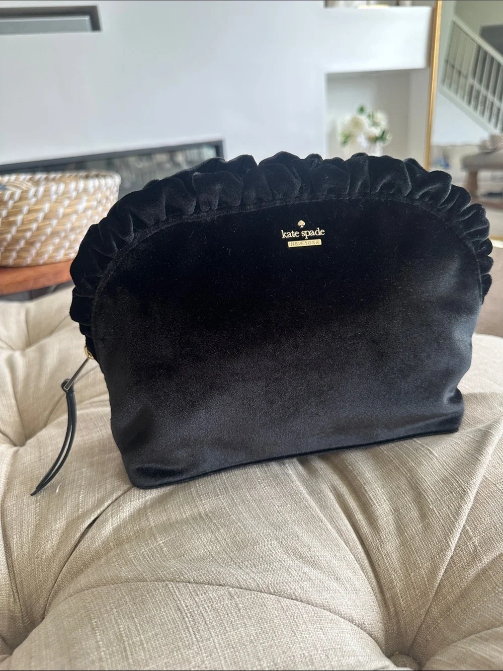 kate spade black velvet ruffle wristlet clutch